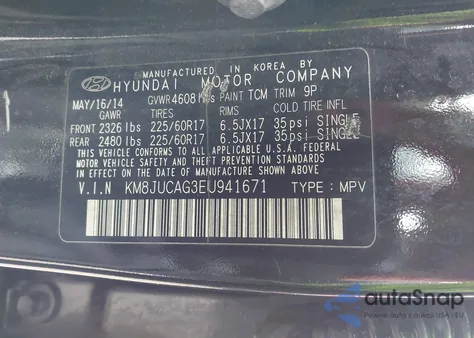 2014 Hyundai Tucson Walking Dead Edition z USA, uszkodzony, nr VIN KM8JUCAG3EU941671